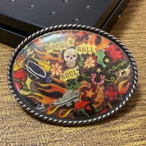 Rock N Roll Soul Skull Horseshoe Oval Crystal Bling Fashion Belt Buckle